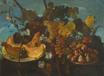 Stillleben mit Trauben, Feigen und Kürbis